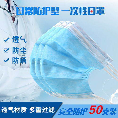 一次性口罩 蓝色三层无纺布防护口罩50只装批发详解